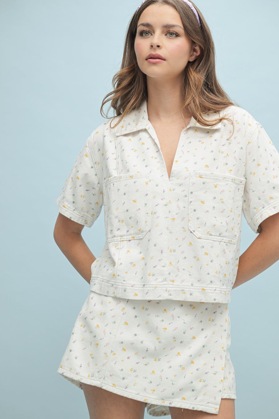 Off White Floral Denim Pullover Top
