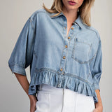 Ruffled Hem Button Down Denim Top