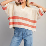 Striped Notched Neck Cropped Sweater