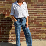 Plaid Print Drawstring Waist Wide Leg Denim Pants