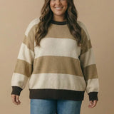 Plus Round Neck Striped Color Block Sweater