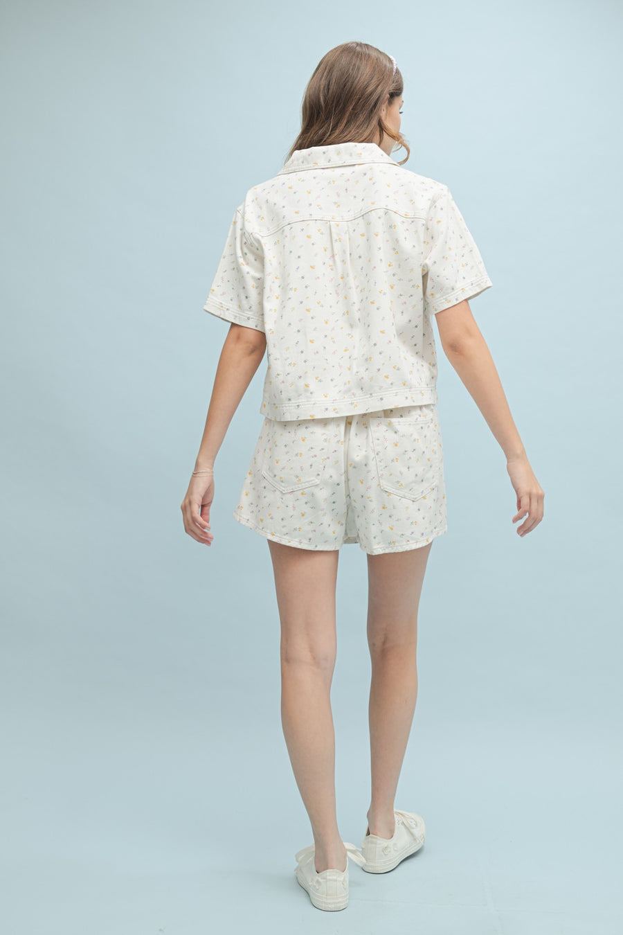 Off White Floral Denim Pullover Top