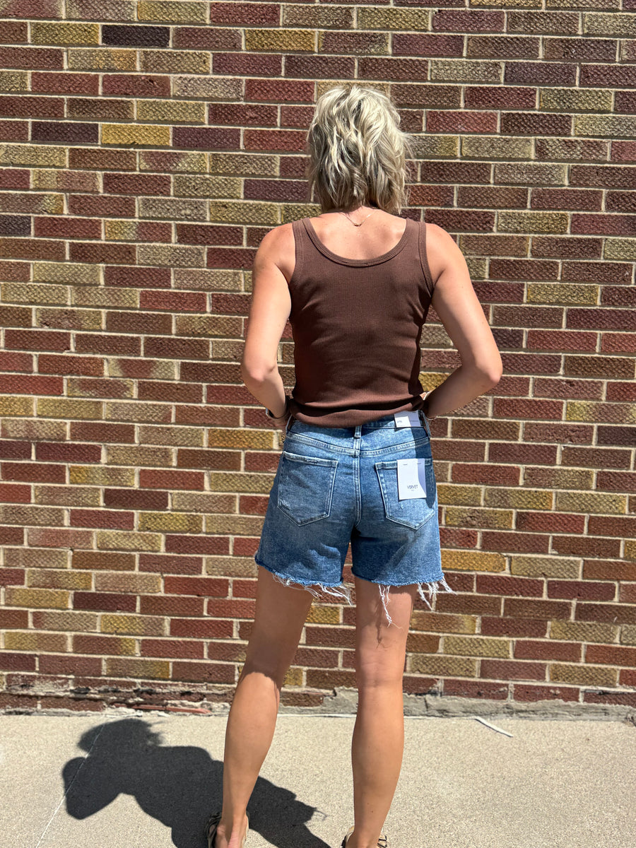 High Rise Raw Hem Boyfriend Vervet Shorts