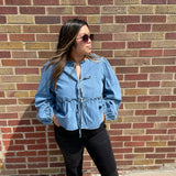 Balloon Sleeve Tie Front Denim Top