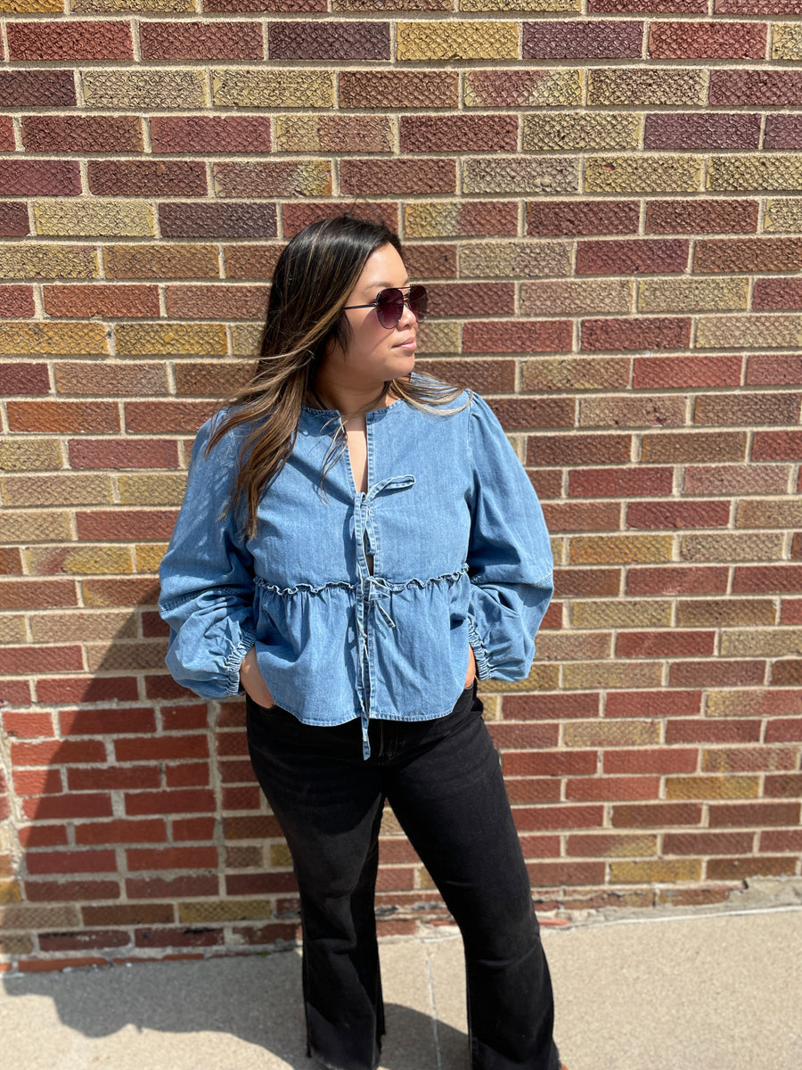 Balloon Sleeve Tie Front Denim Top