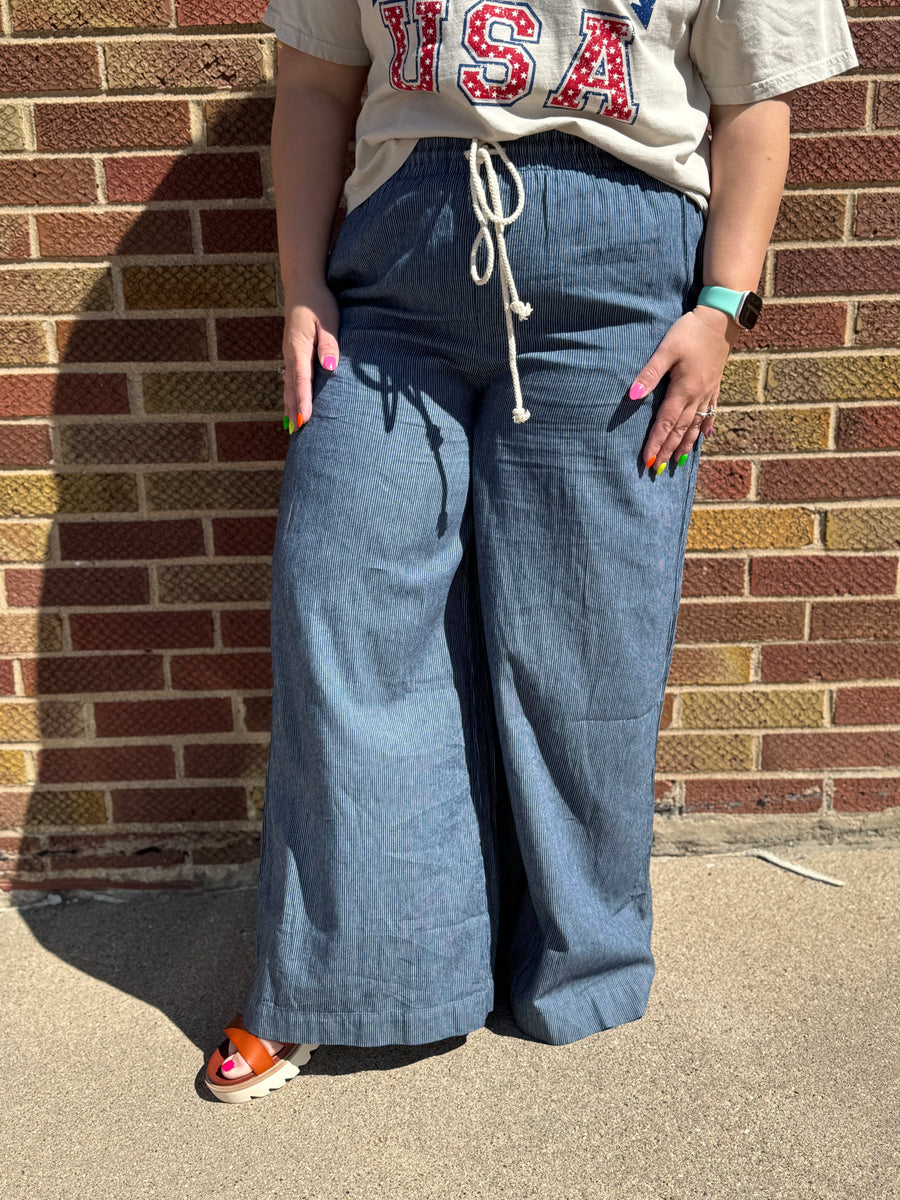 Plus Washed Pinstripe Wide Leg Pants