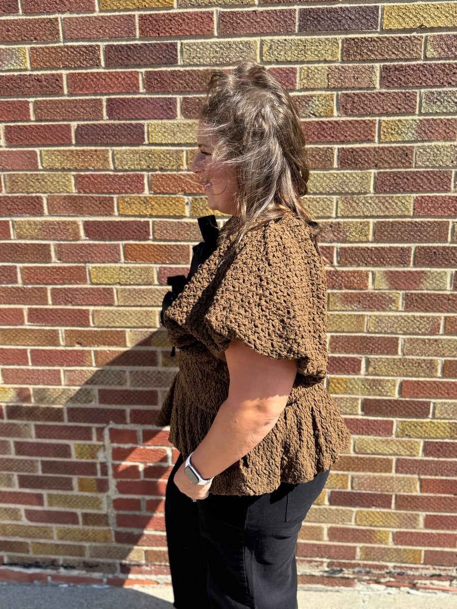 Plus Textured Peplum Top w/Front Tie