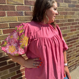 Plus Crinkled Top w/Embroidered Puff Sleeves