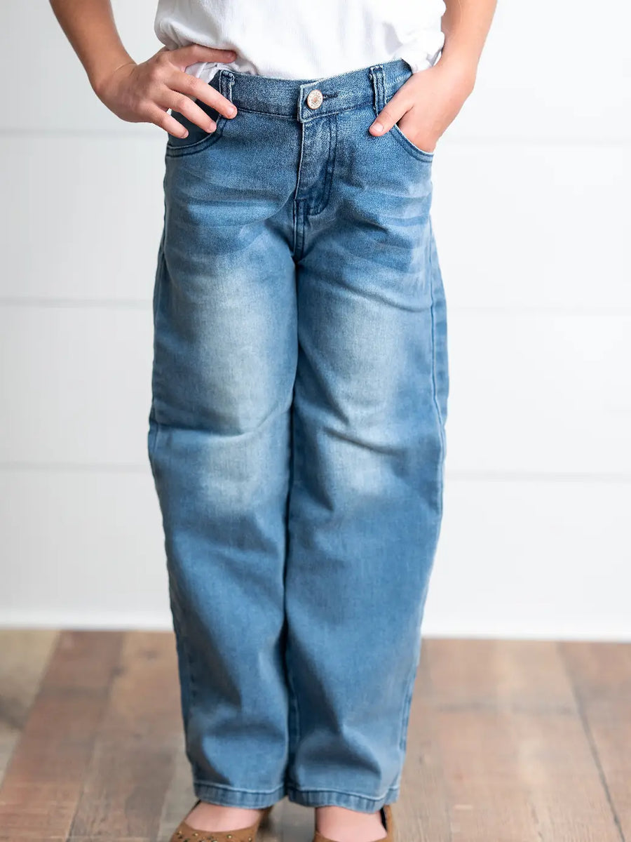 Girls Medium Wash Wide Leg Jeans