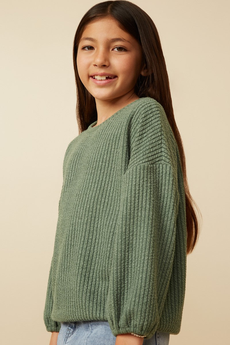 Girls Brushed Ribbed Puff Sleeve Knit Top