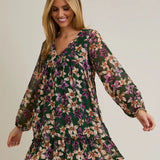 V Neck Floral Long Sleeve Dress