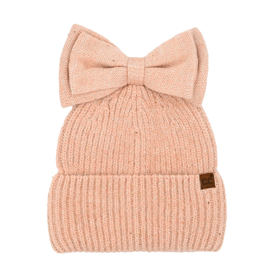 CC Sequin Bow Messy Bun Beanie