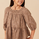 Girls Floral Embroidery Puff Sleeve Square Neck Top