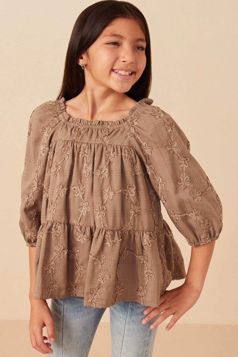 Girls Floral Embroidery Puff Sleeve Square Neck Top