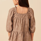 Girls Floral Embroidery Puff Sleeve Square Neck Top