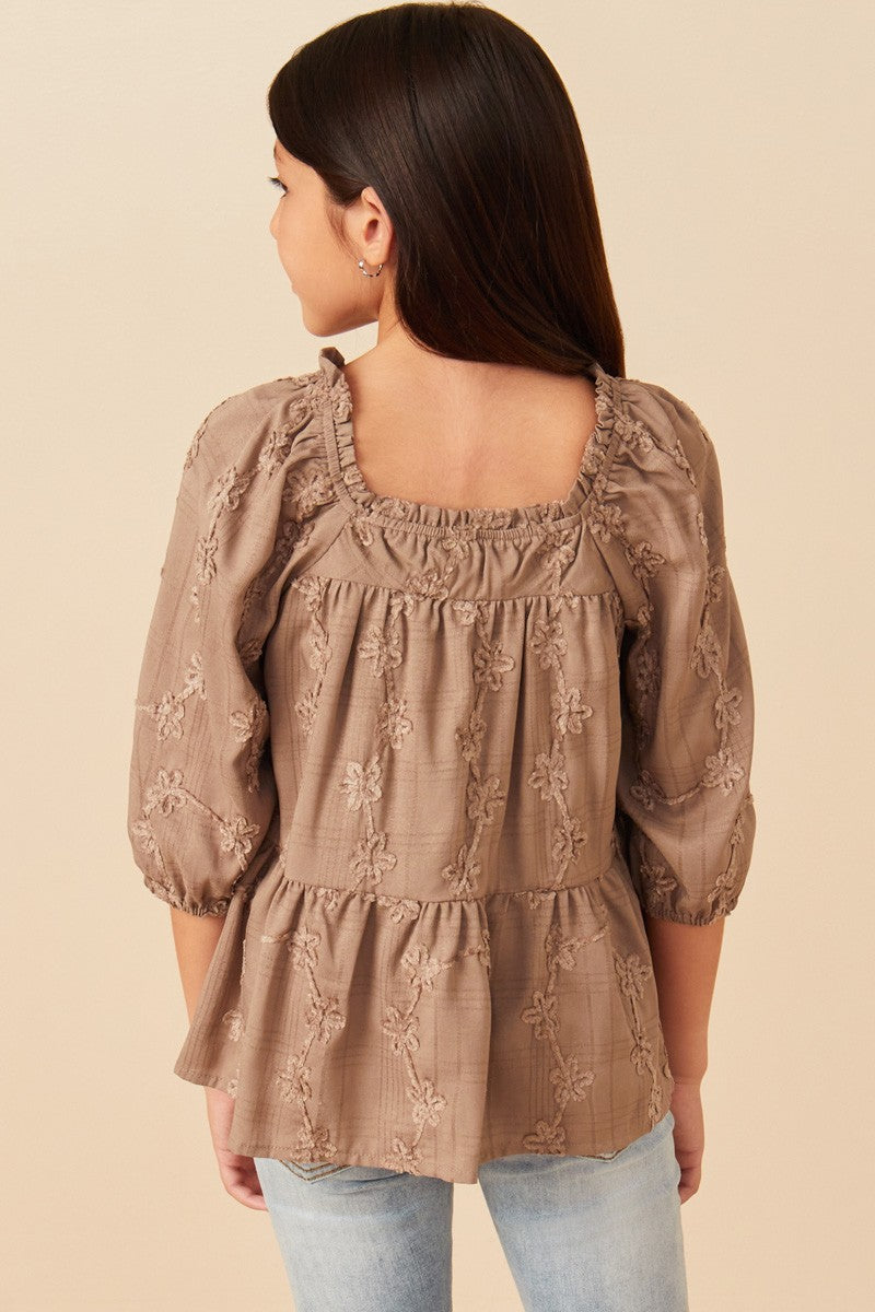 Girls Floral Embroidery Puff Sleeve Square Neck Top