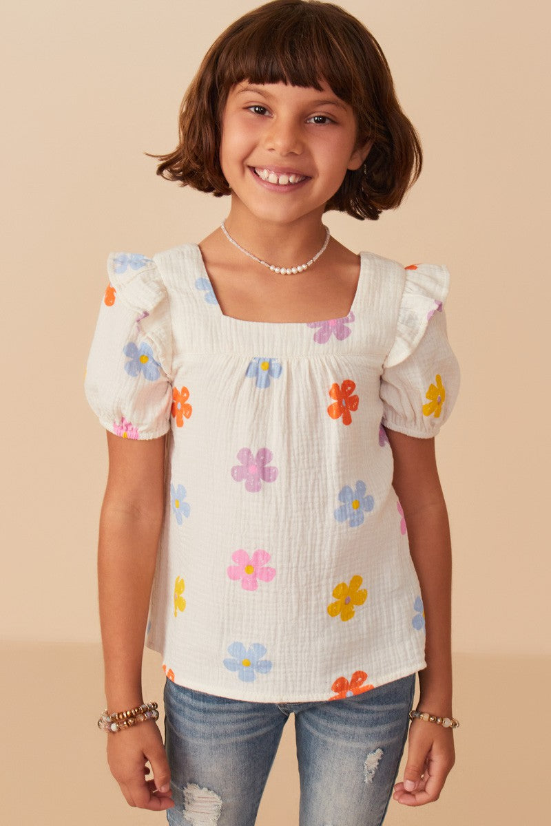 Girls Floral Gauze Textured Square Neck Top