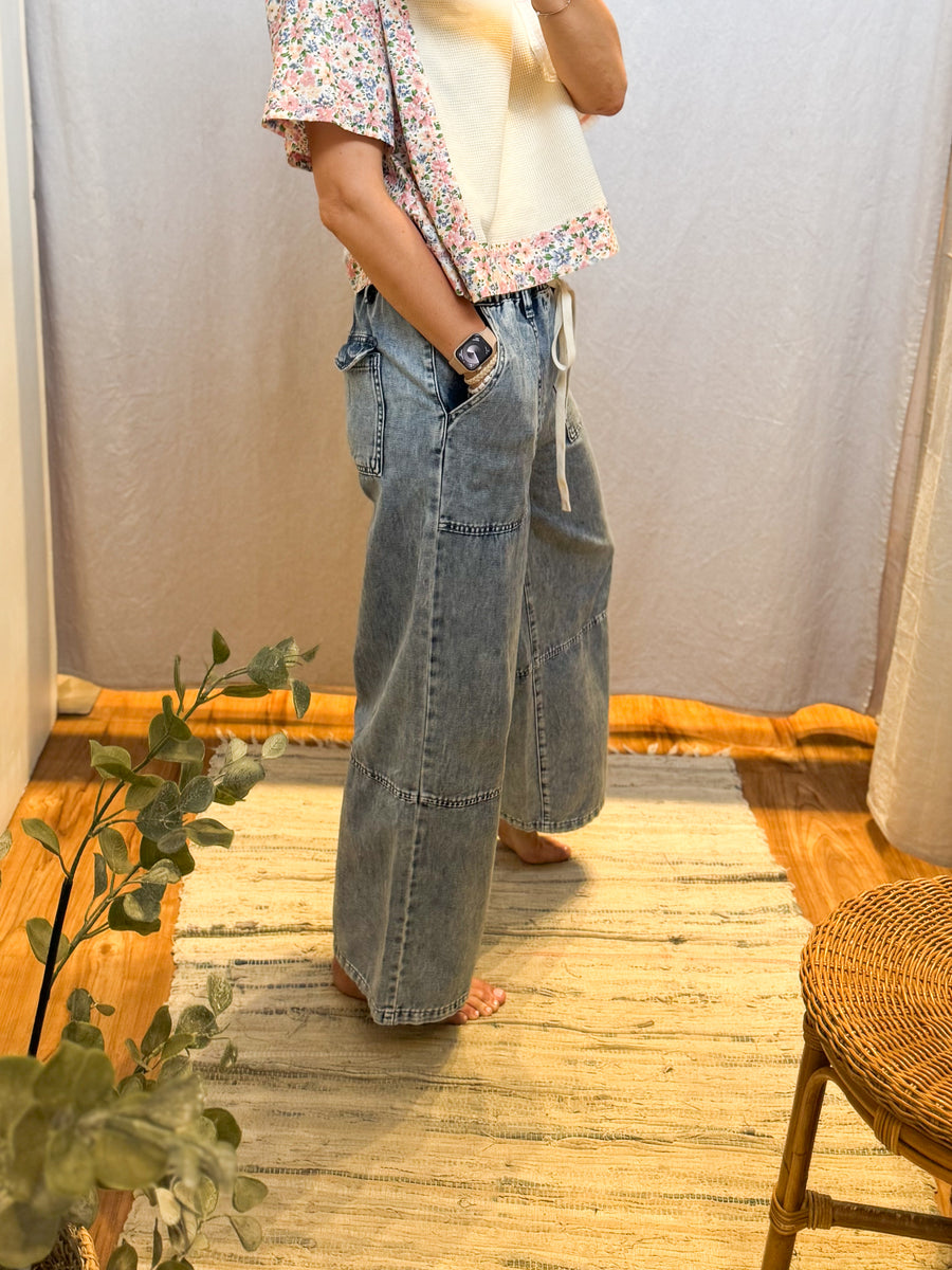 Wide Leg Drawstring Denim Pants