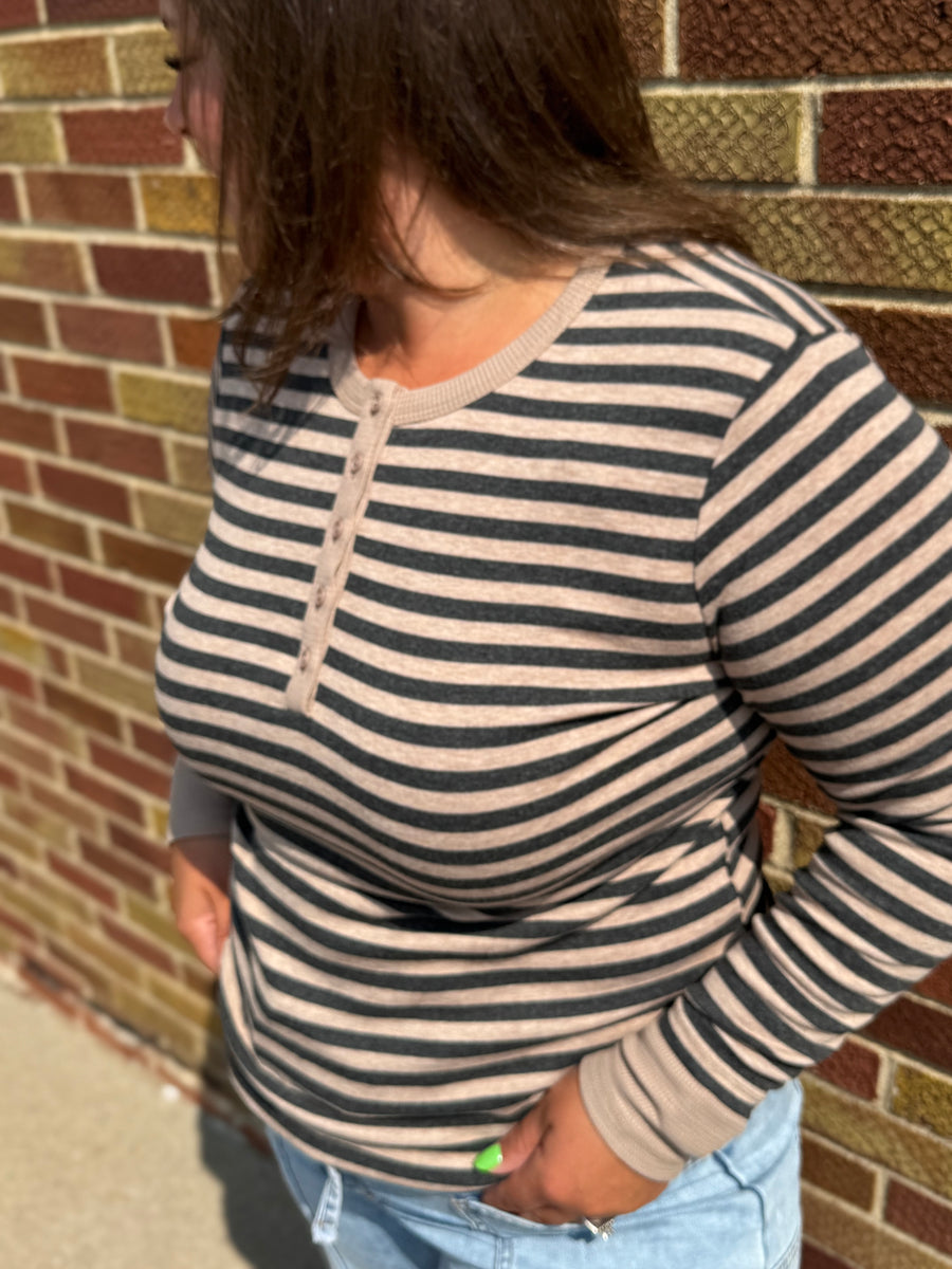 Stripe Button Up Long Sleeve Henley