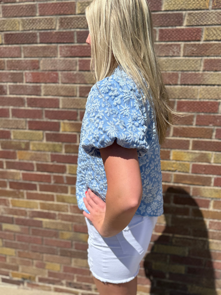 Floral Textured Balloon Sleeve Top
