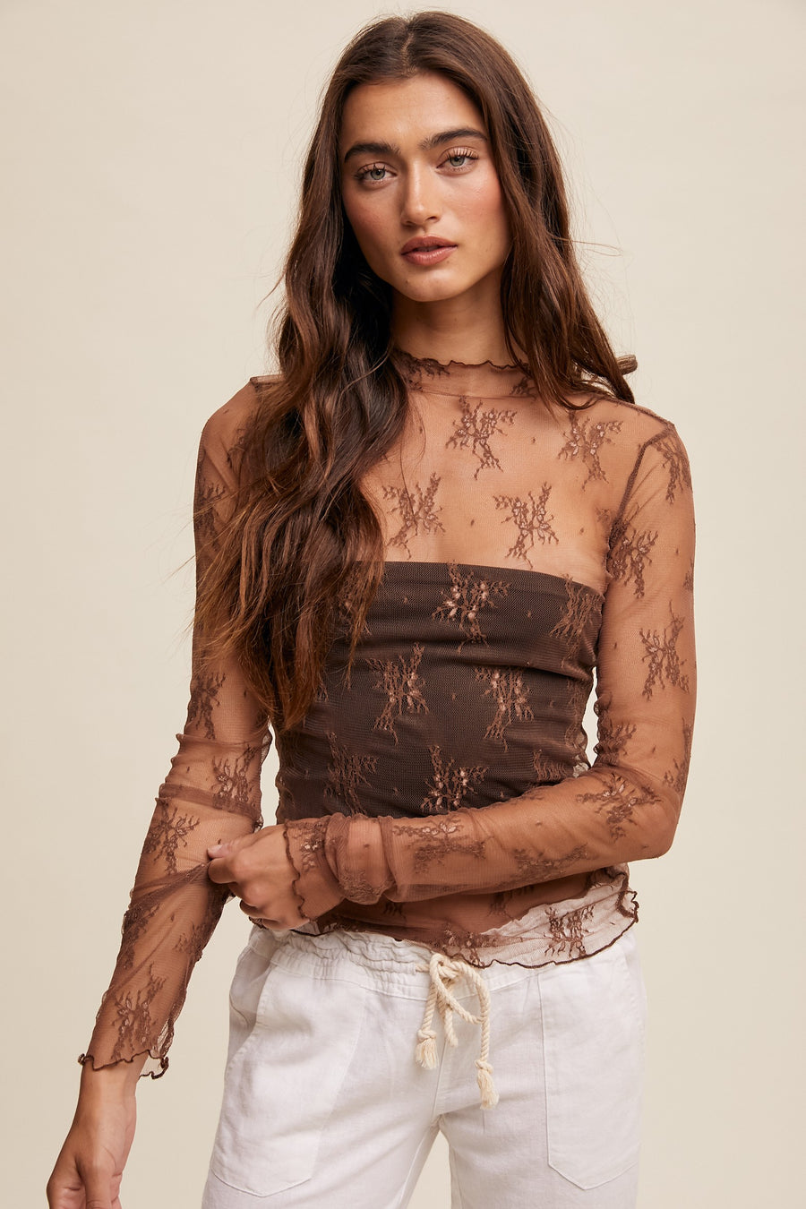 Lace Mock Neck Long Sleeve Layering Top