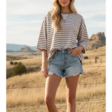 Stripe Short Sleeve V Stitch Top
