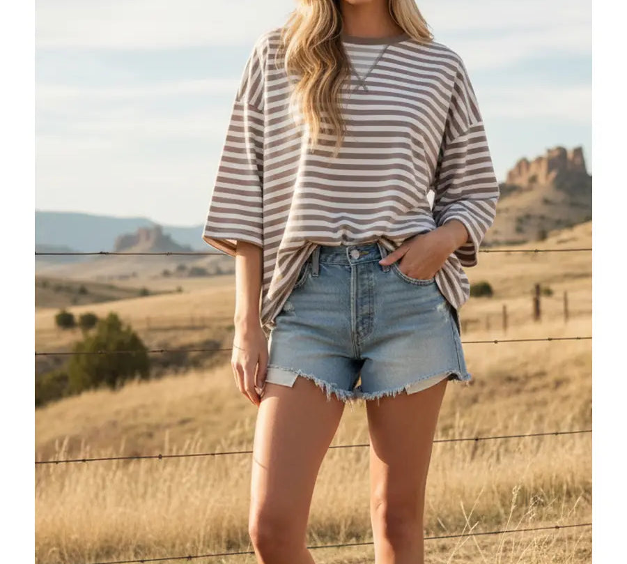 Stripe Short Sleeve V Stitch Top