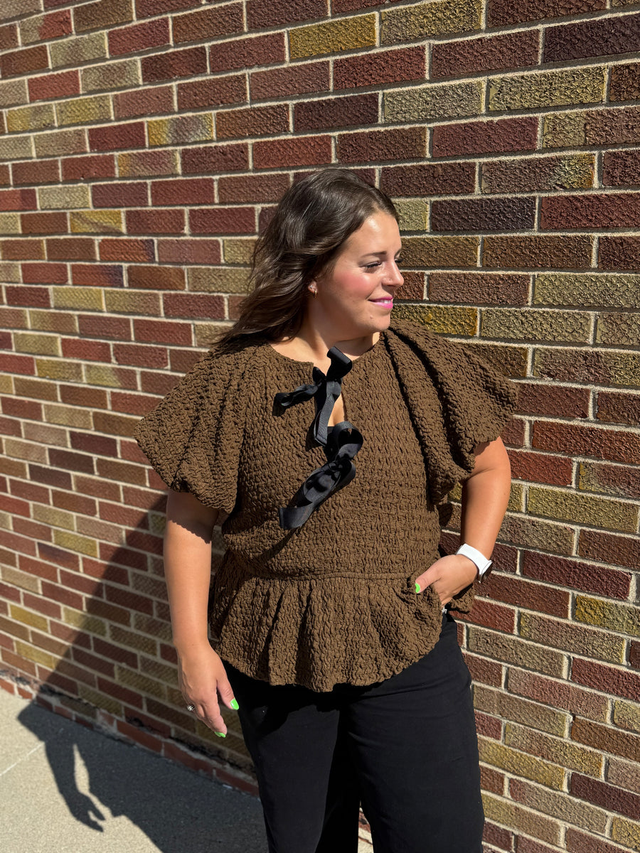 Plus Textured Peplum Top w/Front Tie