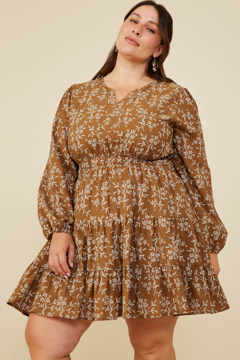 Plus Notch Long Sleeve Floral Embroidered Dress