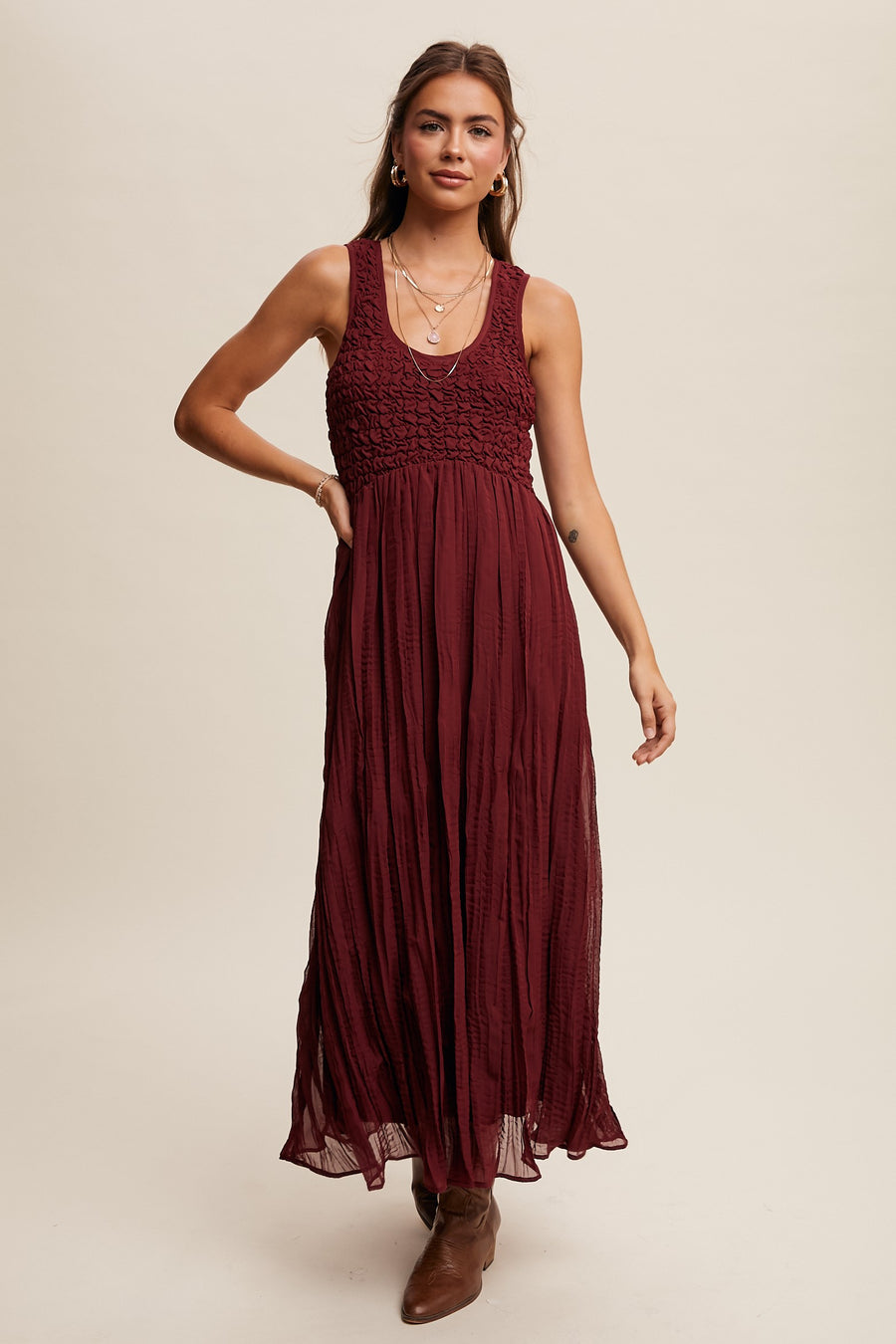 Textured Smocked Tank Sleeve Babydoll Maxi Dress