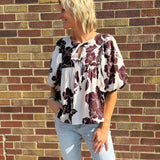 Brown/Cream Floral Print Top w/Front Tie
