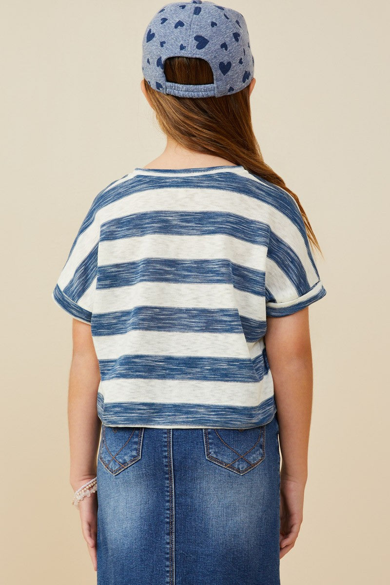 Girls Heathered Stripe V Neck Knit Top