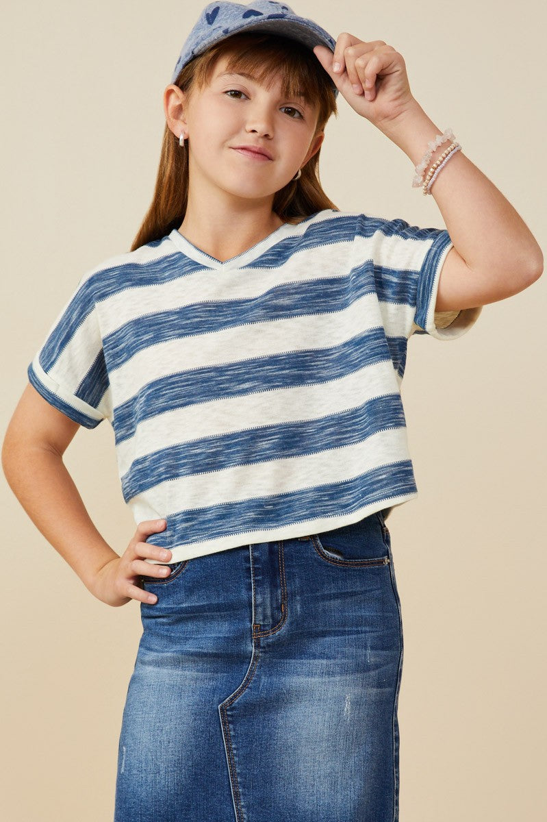 Girls Heathered Stripe V Neck Knit Top