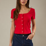 U Neck Short Sleeve Button Down Ribbed Top