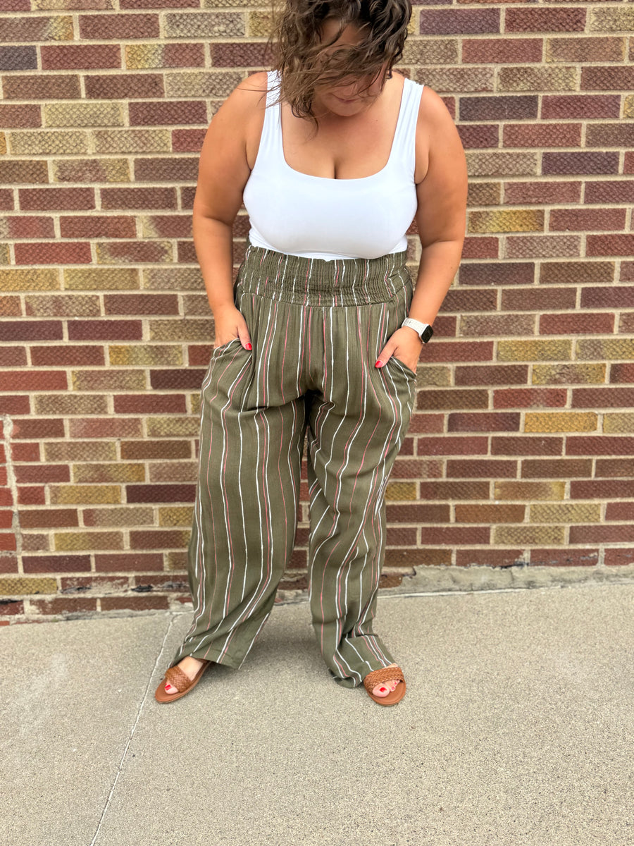 Plus Woven Stripe Elastic Smocking Pants