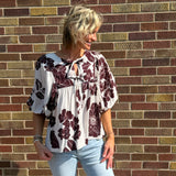 Brown/Cream Floral Print Top w/Front Tie