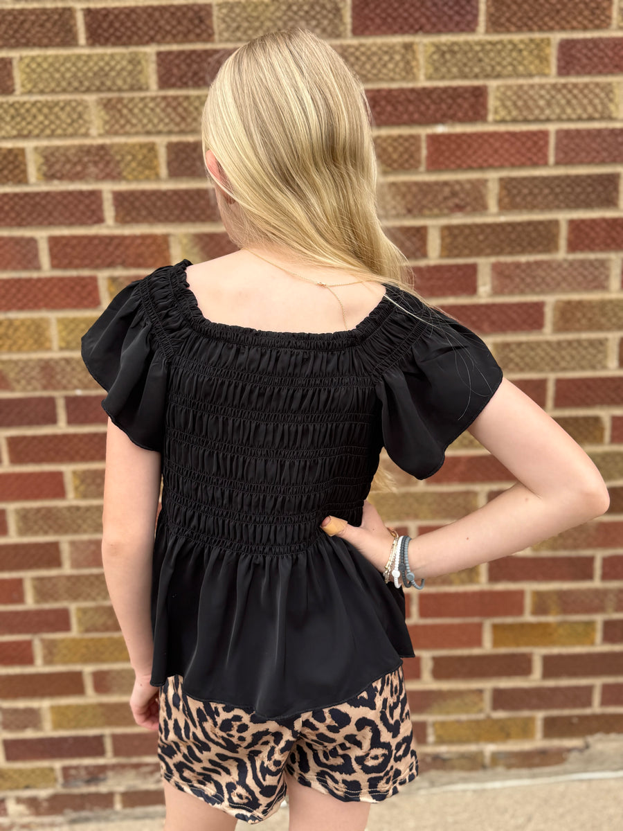Girls Black Shirred Top