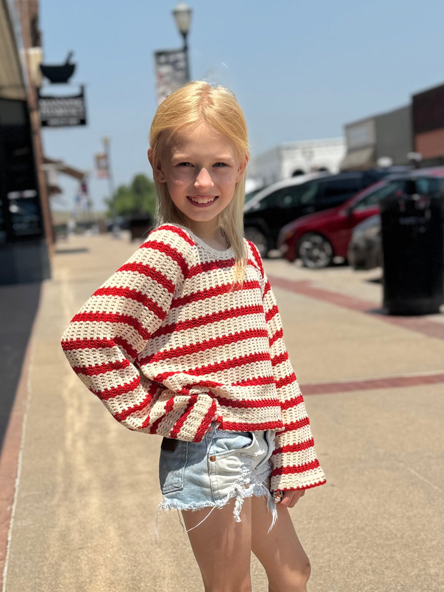 Girls Cropped Crocheted Knit Striped Top