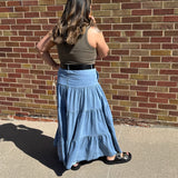 Denim Button Front Ruffle Hem Maxi Skirt