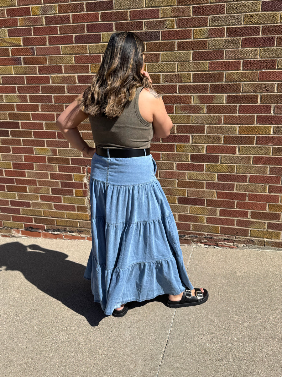 Denim Button Front Ruffle Hem Maxi Skirt