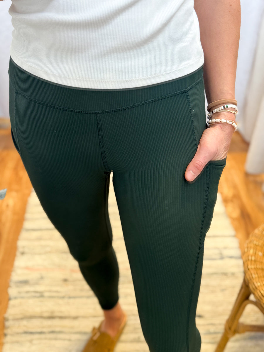 Nylon Ribbed Leggings w/Side Pocket