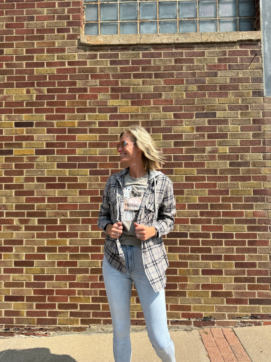 Navy Plaid Button Up Shirt w/ Hoodie & Front Pockets