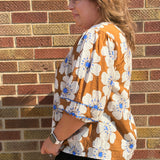 Plus Camel Floral Print 3/4 Sleeve Top