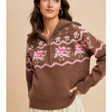 Knitted Floral Half Zip Pullover