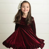 Girls Burgundy Velvet Ruffle Dress