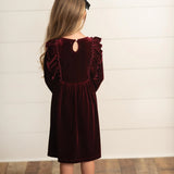 Kids Burgundy Wine Velvet Bow Ruffle Holiday Party Dress