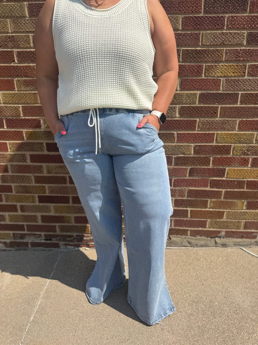 High Rise Drawstring Waistband Side Slit Wide Leg Vervet Jeans