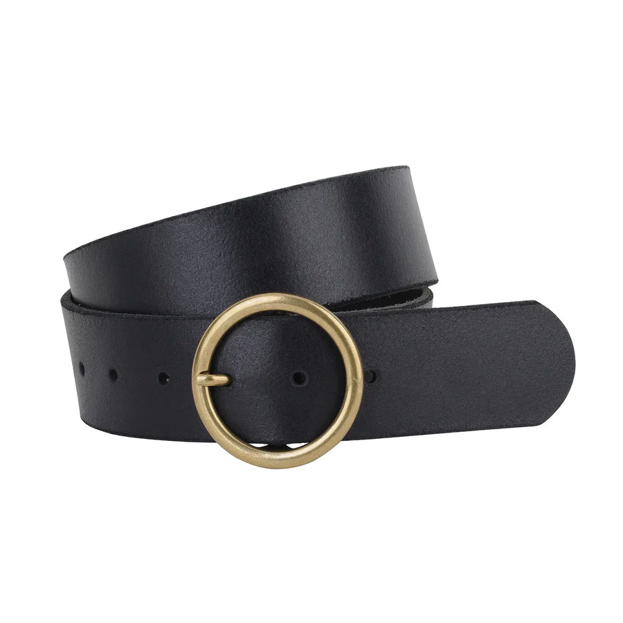 Wide Brass-Toned Single Ring Buckle Leather Belt