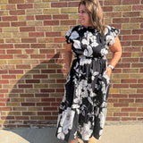 Plus Black Floral Print Dress w/Flutter Sleeve