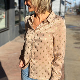 Long Sleeve Metallic Dot Button Down Top